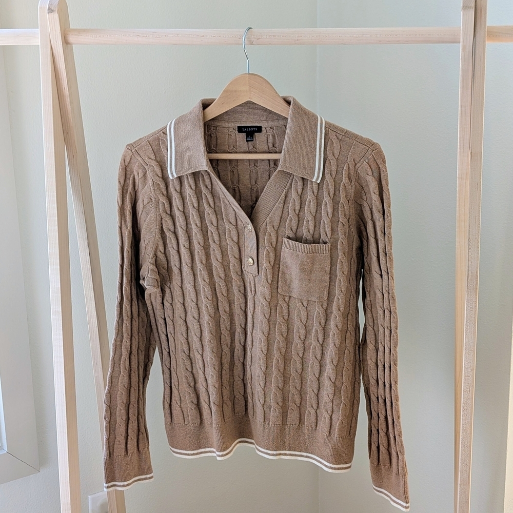 Vintage Striped Trim Cable-Knit Polo Collared Sweater In Tan
